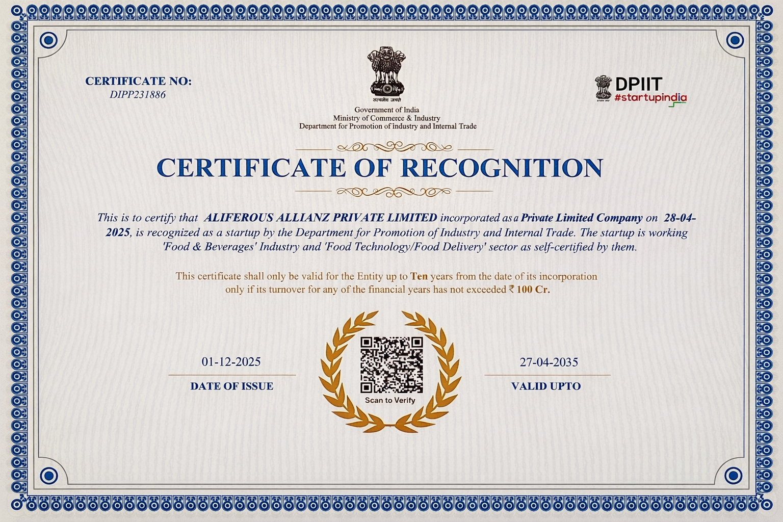 DPIIT Startup Recognition Certificate - Aliferous Allianz
